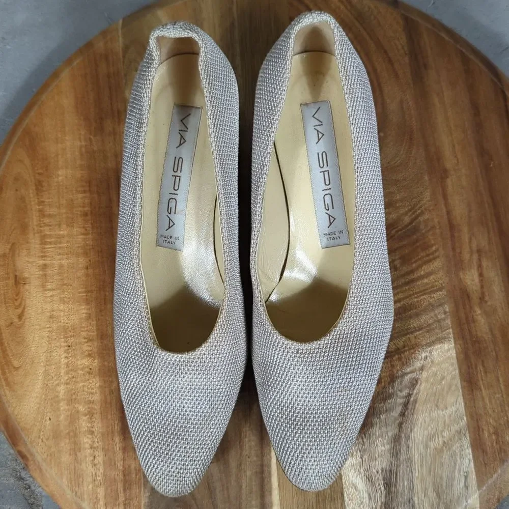 VTG‎ Via Spiga Womens 6B Beige Woven Fabric Block Heel Pumps Made in Italy 52